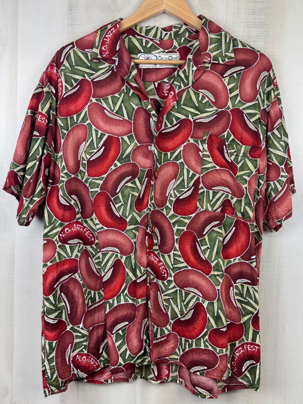 VTG BayouWear Art 4 Now HowAhYa Hawaiian Shirt Jazz Fest Red Beans Rice Medium